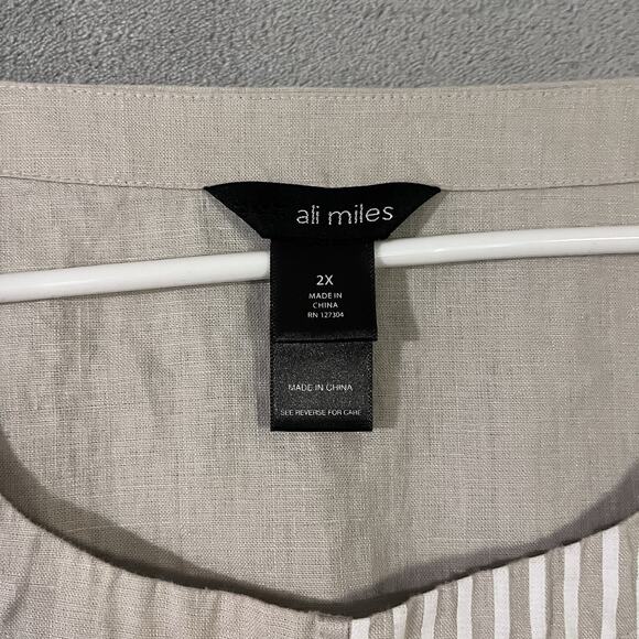 Ali Miles Top Plus Sz 2X Beige Linen Blend Pocket Flowy Lagenlook Stripe Accent - Picture 4 of 8